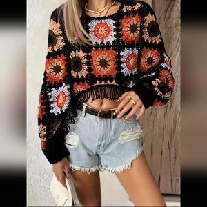 Bohemian Style Crochet Knit Cover-Up, Color Block Tassel Fringe Shawl Top,